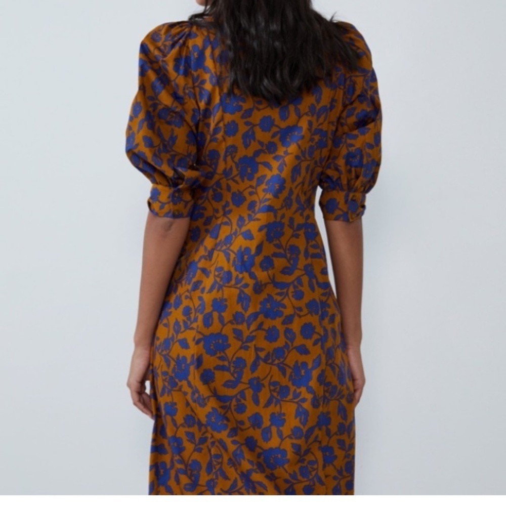 NWT Zara Dress Midi Length Button Front Convertible Duster Dress Brown Blue XS - Picture 3 of 16